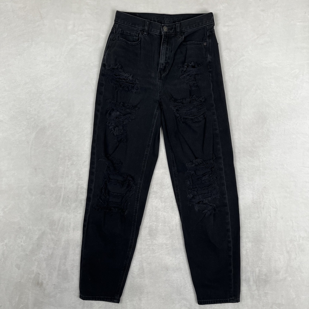 American Eagle Relaxed Mom Jeans Womens 0 Black High Rise Distressed Denim